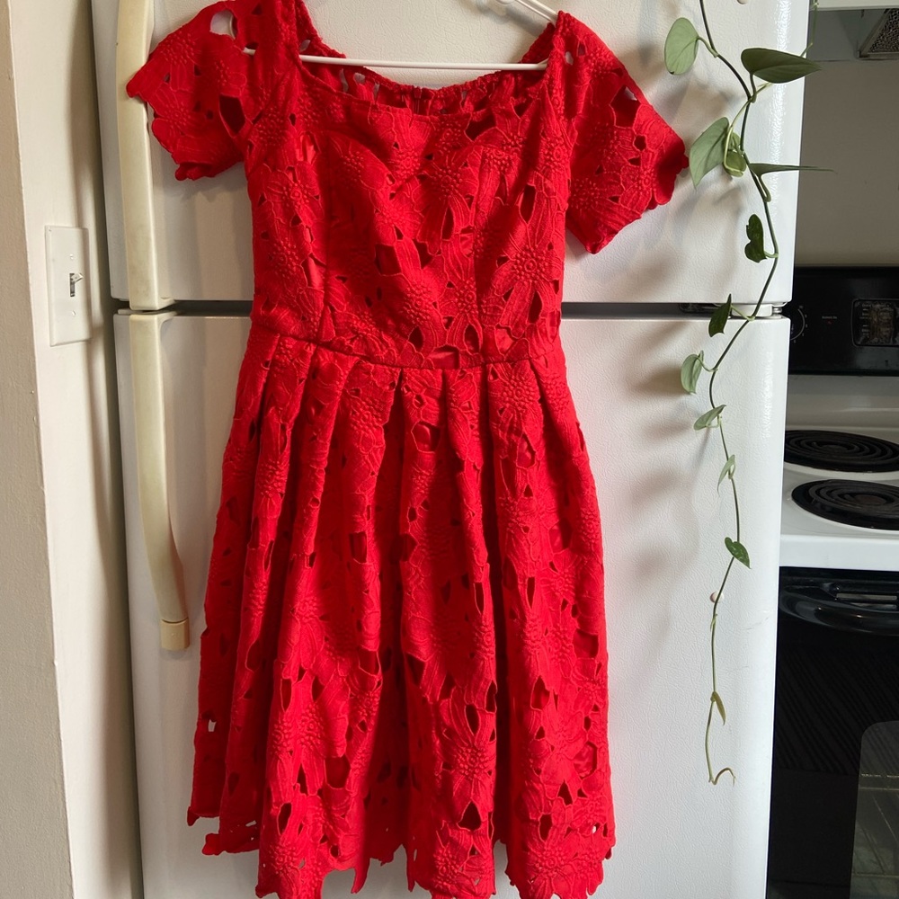 Red Lace Floral Scalloped Eyelet Dress - Thick Material Tea Dress Feminine Date
